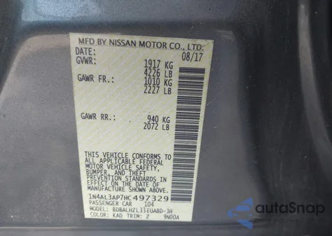 2017 Nissan Altima 2.5 Sr from USA, damaged, VIN 1N4AL3AP7HC497329